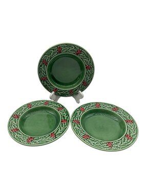Bordallo Pinheiro Christmas Holly Green Salad Or Soup 9" Bowls Set of 3 Retired